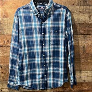 Vineyard Vines Slim Fit Tucker Navy and White Plaid Shirt men's medium